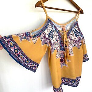 Flying Tomato cold shoulder top with tie at centre front